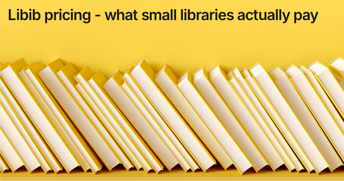 Title card reading "Libib pricing - what small libraries actually pay" over a row of pale library books