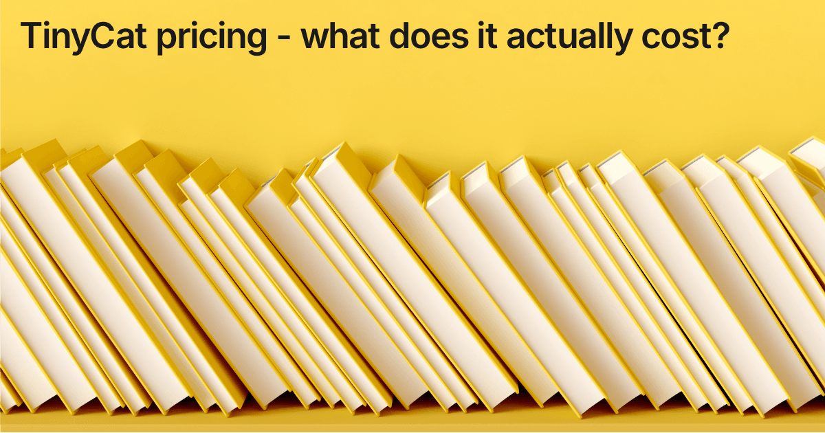 Title card reading "TinyCat pricing - what does it actually cost?" over a row of pale library books