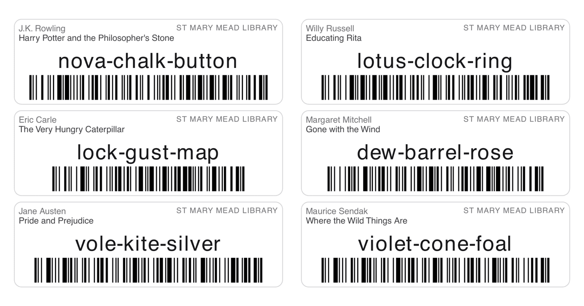 Six printed copy labels for St Mary Mead Library, each with a book title, a large three-word copy code and a scannable barcode