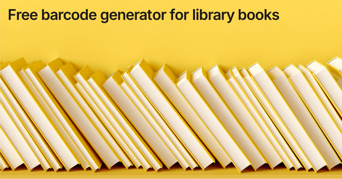 Title card reading "Free barcode generator for library books" over a row of pale library books