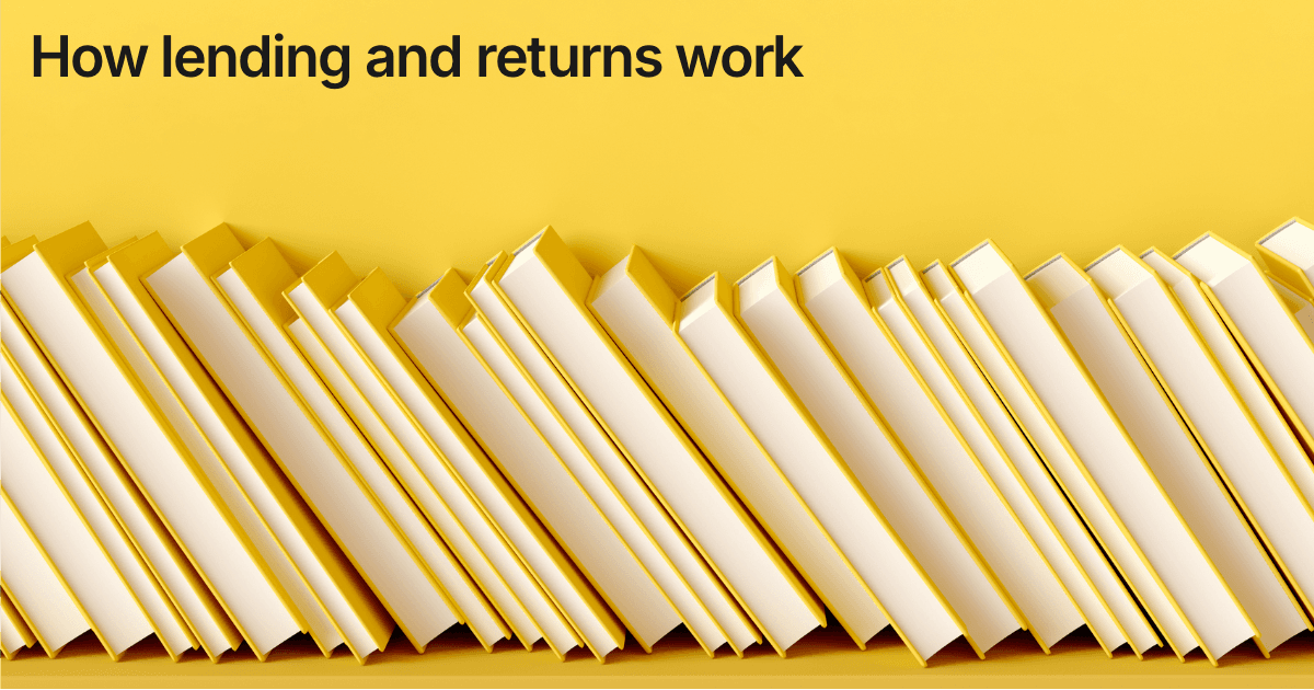 Title card reading "How lending and returns work" over a row of pale library books