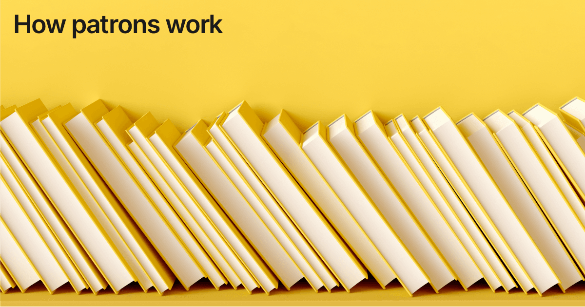 Title card reading "How patrons work" over a row of pale library books