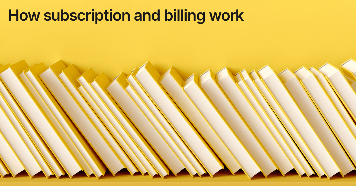 Title card reading "How subscription and billing work" over a row of pale library books