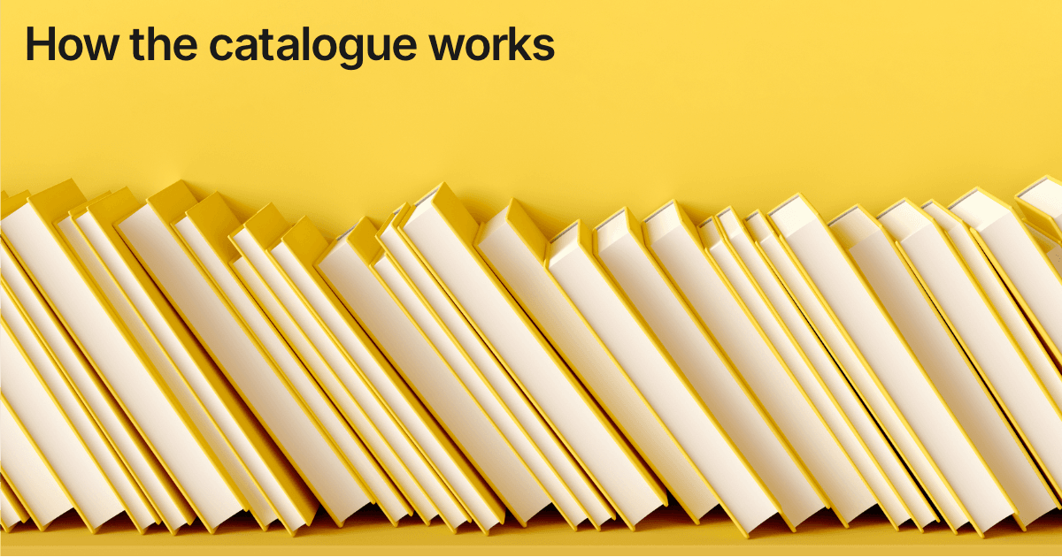 Title card reading "How the catalogue works" over a row of pale library books