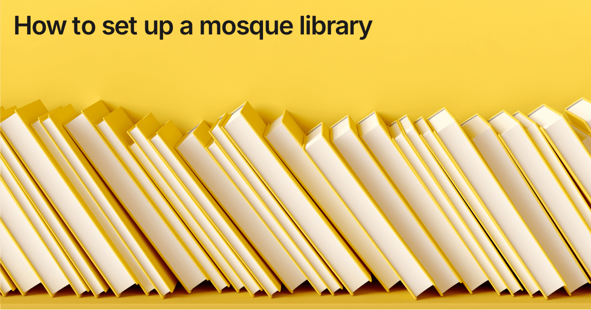 Title card reading "How to set up a mosque library" over a row of pale library books