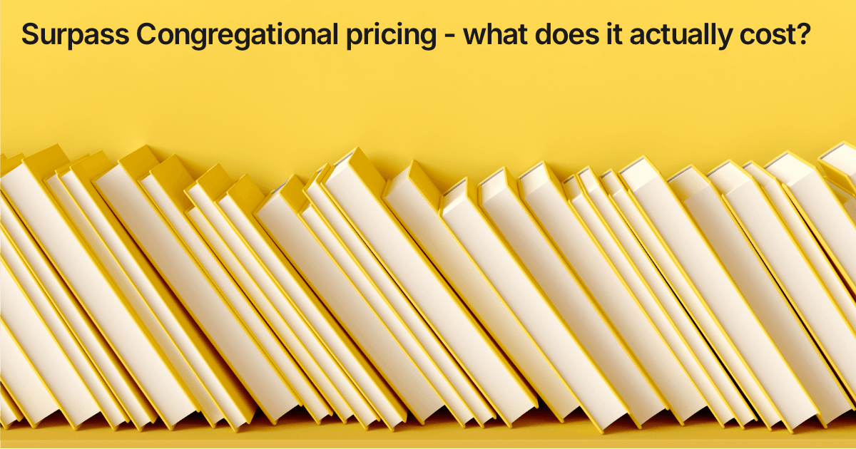Title card reading "Surpass Congregational pricing - what does it actually cost?" over a row of pale library books