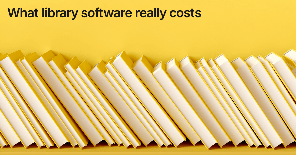 Title card reading "What library software really costs" over a row of pale library books